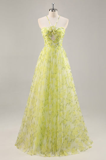 Yellow Green Floral A Line Cut Out Long Prom Dress